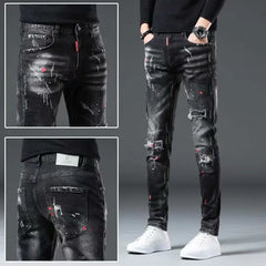 High Street Fashion Casual Ripped Jeans Men's Patch Teenagers Cowboy