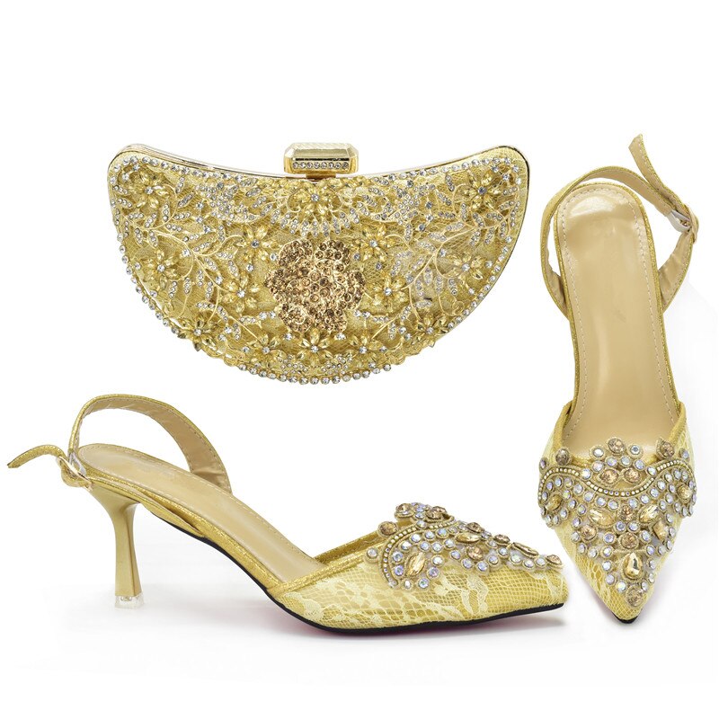 Italian Design Applique Gold Color Shoes And Bag Set For Party