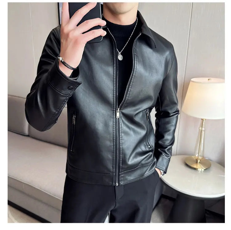 Men Bomber Leather Jacket Anti-wind Lapel Solid Casual Slim Fit Jacket