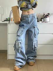 Ladies Cargo Jeans American Street Style Baggy Cargo Pants Women Blue