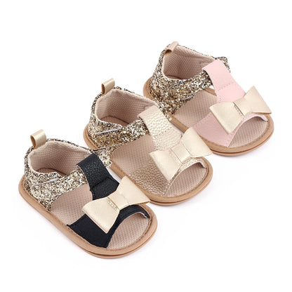 Baby Summer Sandal for Toddler Girls 0-1 Years Glitter Bowknot Anti-slip Soft PU Casual Walikng Shoes Outdoor Summer Shoes