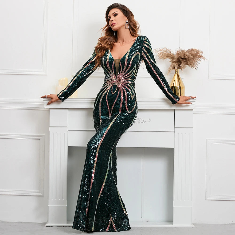Evening wear Dresses: Full Sleeve V Neck Mermaid Evening Night Long Party Dress