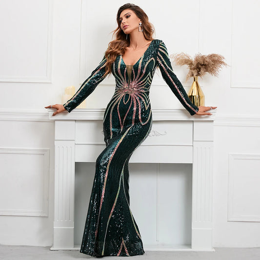 Evening wear Dresses: Full Sleeve V Neck Mermaid Evening Night Long Party Dress