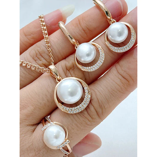 Kinel Fashion Geometry Pearl Ring Earrings Necklace for Women 585 Rose Gold Color With Natural Zircon Ethnic Wedding Jewelry