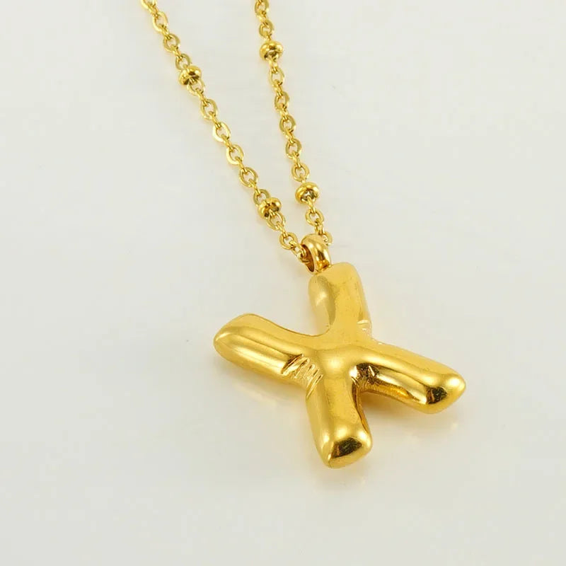 Vintage Stainless Steel Balloon Bubble Chunky Letter Necklace for Women 18K Gold