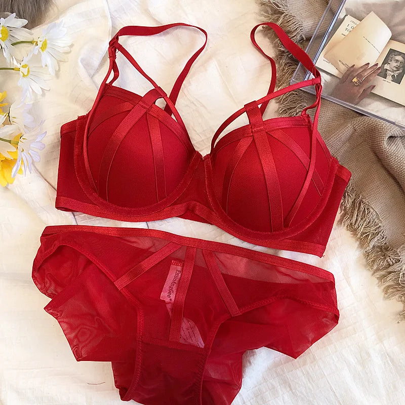 Women Lace Underwear Hollow Push Up Bra Set Classic Bandage Lingerie