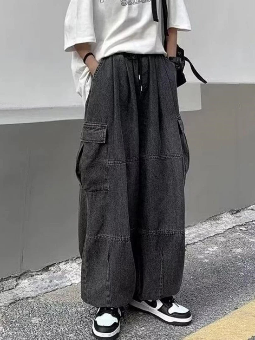 Spring Autumn Men Baggy Jeans Men Wide Leg Pants Big Pockets Elastic