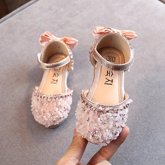2023 Crystal Bow Single Shoes Summer Girls Fashion Princess Soft Shoes Children Pu Leather Flat Baby Rhinestone Sandals A986