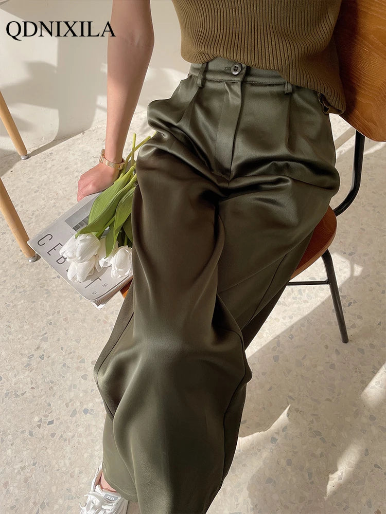2024 Spring Summer Ice silk Satin Women's Pants Wide Leg High Waist Casual