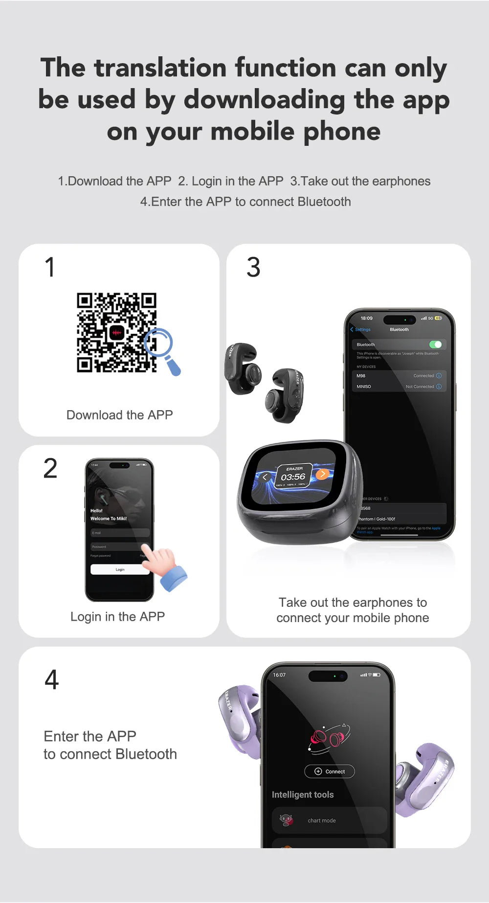 Translator ERAZER XF28 Bluetooth V6.0 Open-ear True Wireless EarbudsTranslation Earphones Office Travel,ASMR Headset APP