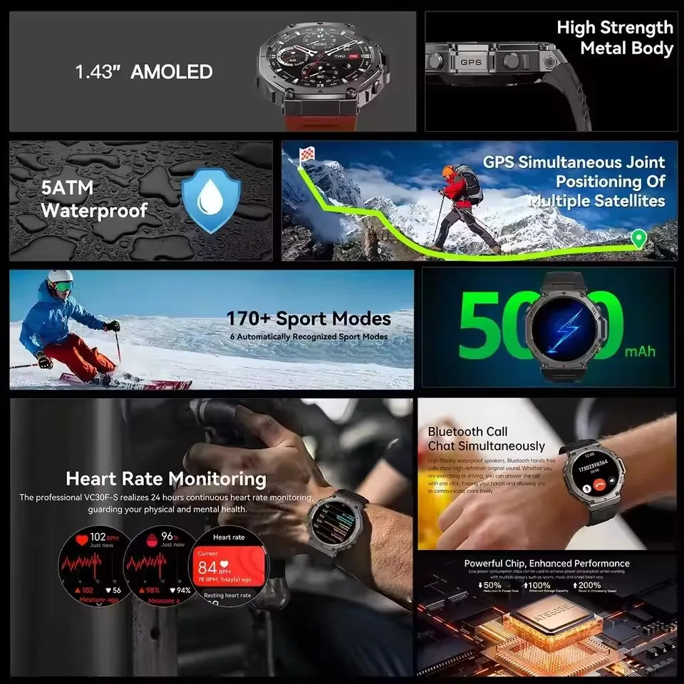 T-Rex 3 Ultra Built-in Dual-band GPS Smartwatch 5ATM Waterproof 48mm AMOLED Compass 170+ Sport Durable Military Smart Watch 2025