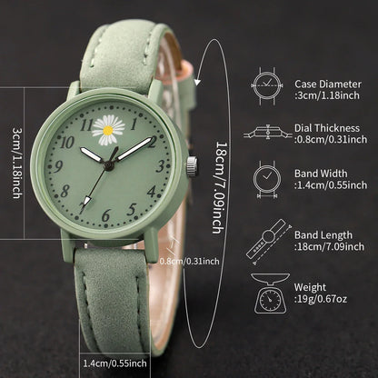 2PCS/Set Fashion Flower Women's Watch Casual Arabic Dial Leather Band Quartz Watches Bracelet Set