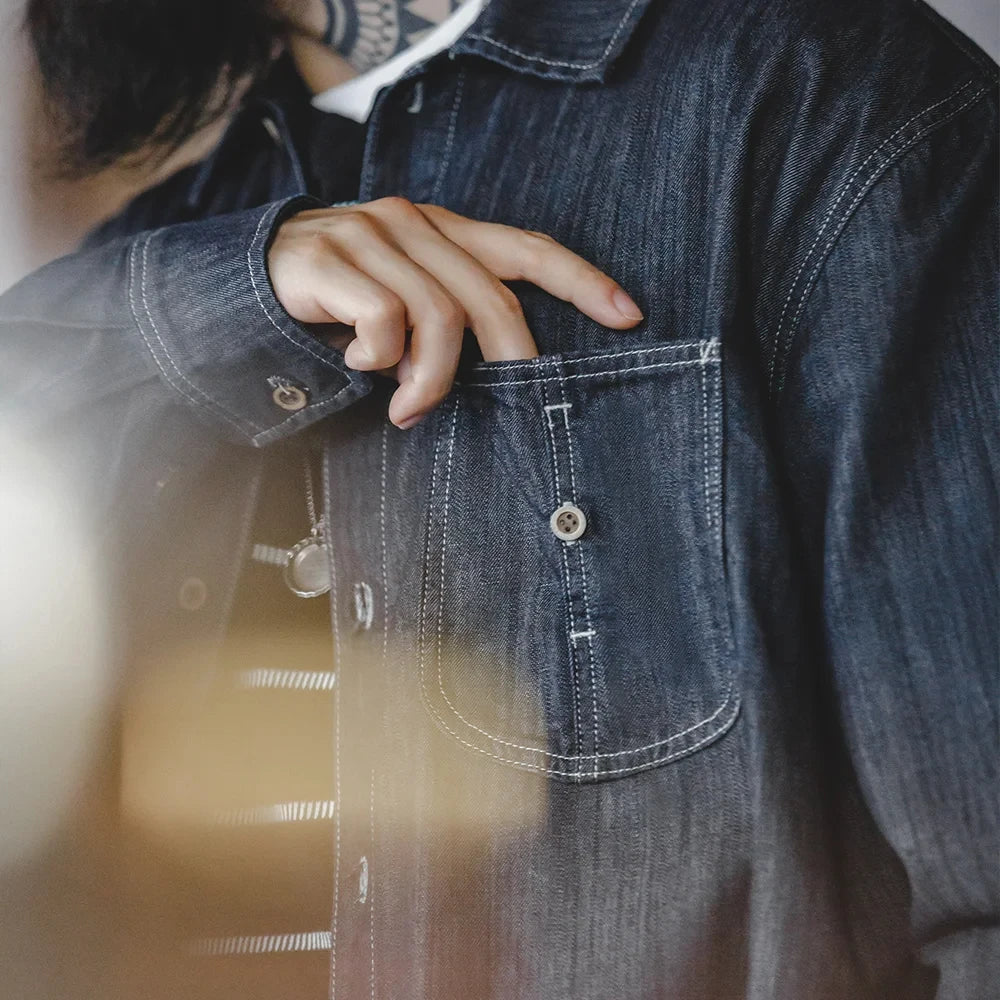 Vintage Large Pockets Washed Denim Shirt Men's Casual Tops