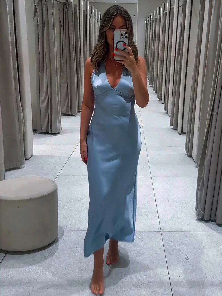 Lulus Slate Blue Satin Twist-Back Maxi Dress Womens