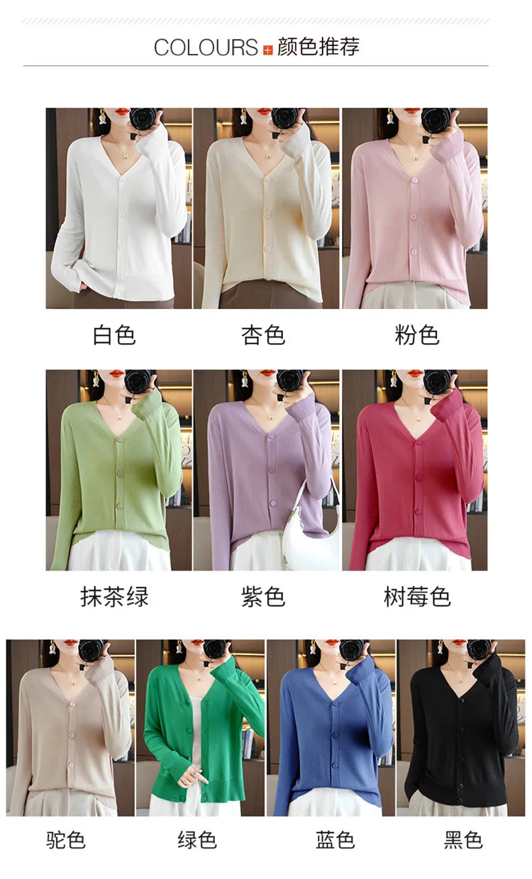 Summer Korean Version Thin Solid V-Neck Ice Silk Knitted Long Sleeve