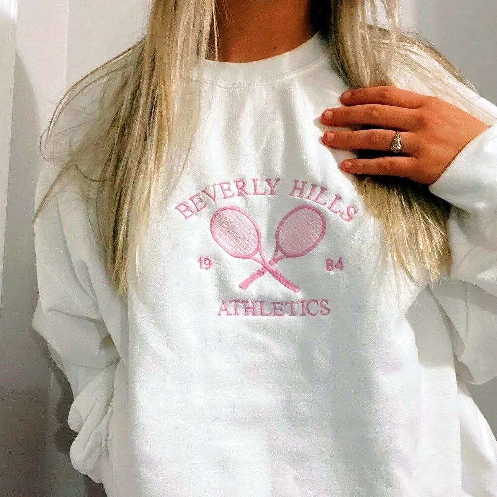 Tennis Athletics Letters Embroidered Sweatshirts Women White Loose Spring Pullover Coats