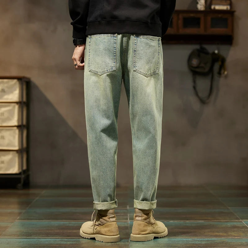 Jeans Men Loose Fit Retro Blue Solid Blue Autumn and Winter Wide
