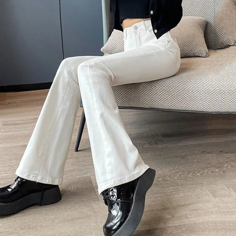 Korean Style High Waisted White Jeans Ladies Fashion Slim Fit