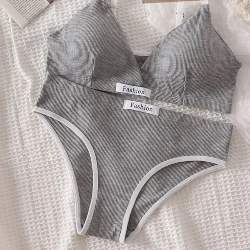 Women Cotton Bra Set Briefs Low Waist Panties Wire Free Bralette Sport Lingerie
