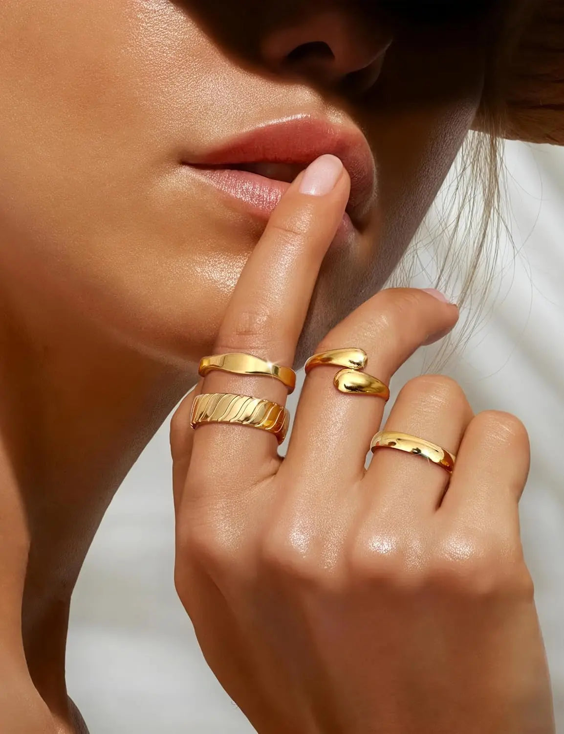 4Pcs Chunky 14K Gold Plated Rings for Women Non Tarnish Statement Rings Set Fashion Stackable Ring Trendy Waterproof Rings Jewel