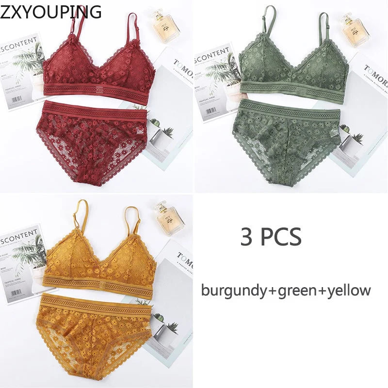 3 Piece Set Bra Lace Beauty Back Suit Underwear Gather Seamless
