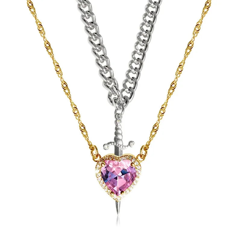 Couple Necklace Heart and Sword Pendant Necklace for Women Gothic Punk Romantic Valentine Day Jewelry Gifts Accessories