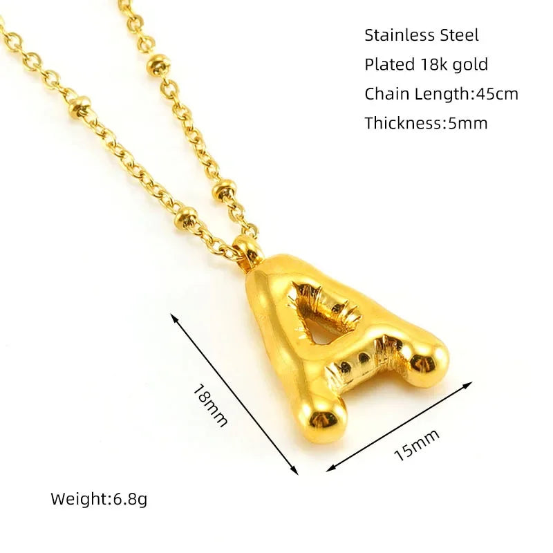 Vintage Stainless Steel Balloon Bubble Chunky Letter Necklace for Women 18K Gold
