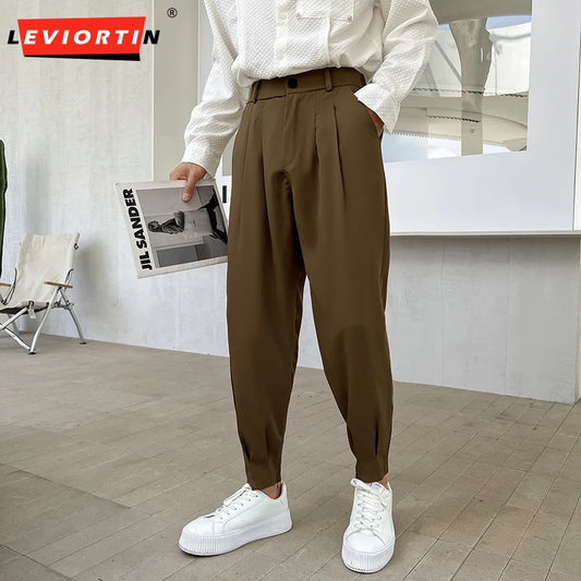 Ice Silk Suit Pants Men Tapered Bottom Slit Trousers Korean Style Elastic Waist Casual