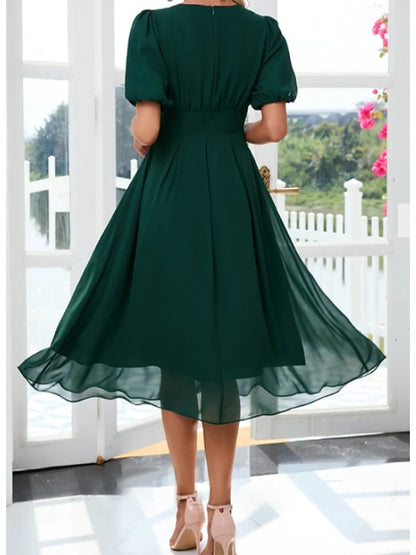 Women's Plus Size Chic Dress V-Neck Elegant A-line Chiffon Midi Dresses Lantern Sleeve Casual Party Summer Dress Vestidos