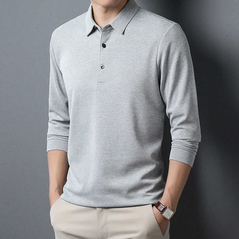 New Men's Business Fashion Casual Long Sleeved Shirt Solid Color Polo Shirt Fashionable Breathable Comfortable Versatile Top