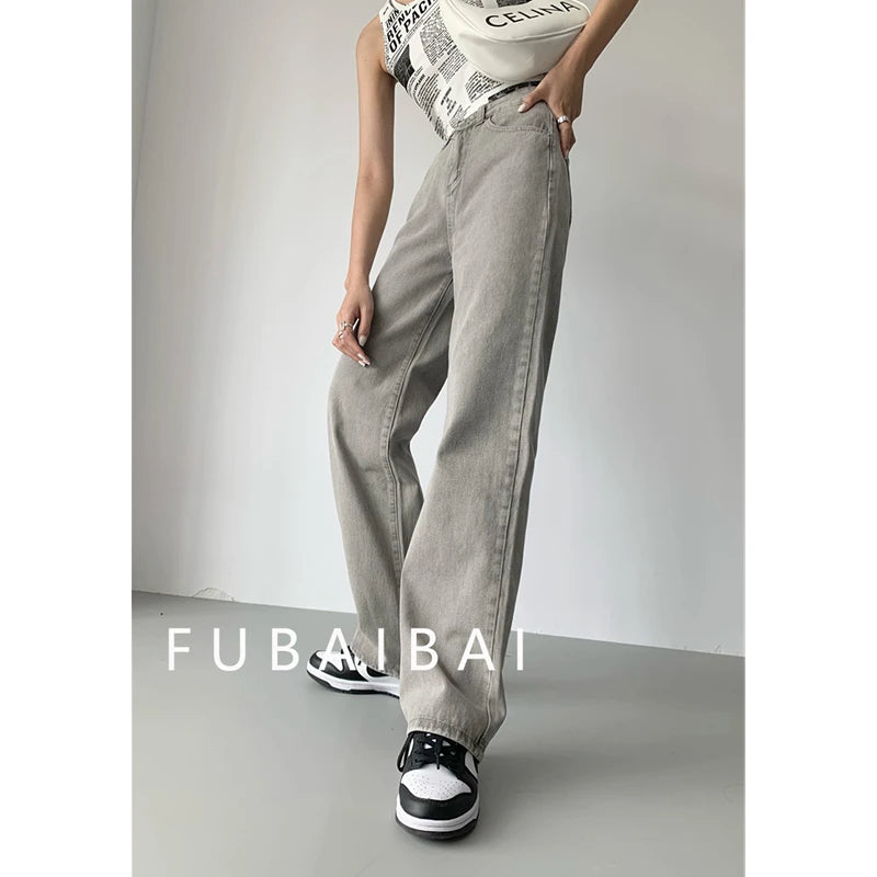Grey Womens Jeans High Waist Vintage Straight Baggy Denim Pants