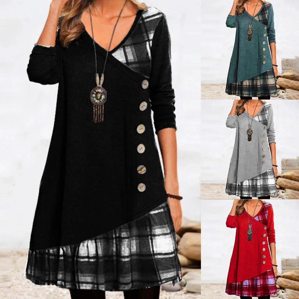 Women's Long Sleeve Button Check Patchwork Dress Ladies V Neck A-Line Casual Night Gown Plus Size Clothing 2024