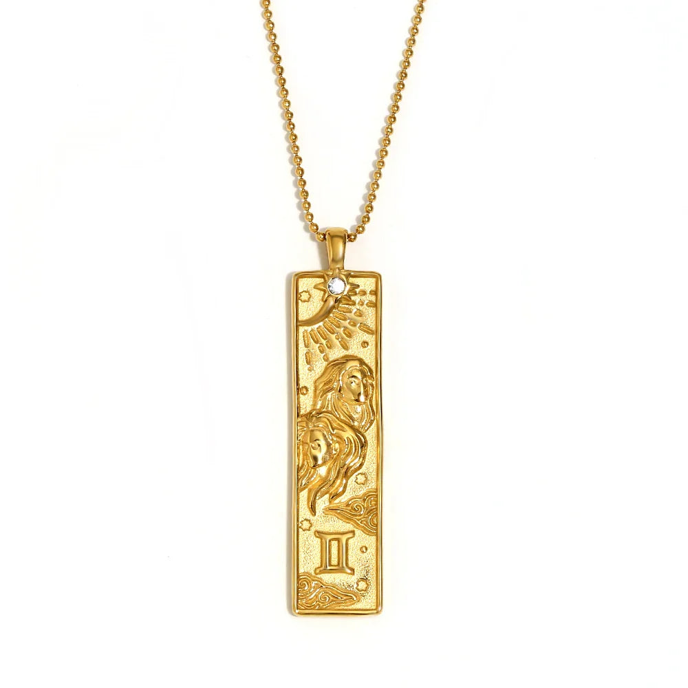 E.B.belle 18k Gold Plated Rectangle Shape 12 Constellation Pendant Necklace Stainless Steel Waterproof Fashion Women's Jewelry