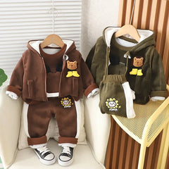 Baby Boys Clothing Set Autumn Winter Cartoon Lion Fleece Thick Hooded Jacket Coat Pants 3Pc Suit for 1-4 Years Kids Warm Outfits