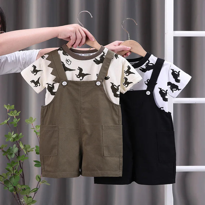 New Summer Baby Boys Clothing Toddler Fashion Infant Children Dinosaur Print Clothes Suits Solid T Shirt Overalls Pants 2Pcs/Set