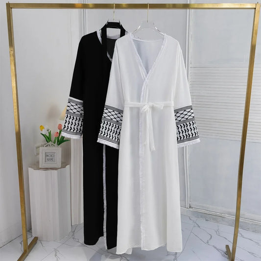 Open Front Abaya Muslim Long Sleeve Cardigan Abayas With Belt Women's Clothing