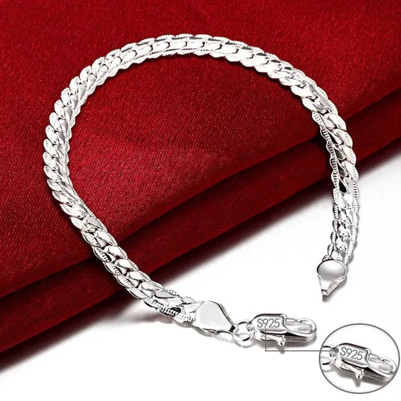 925 Sterling Silver Bracelet 6mm 18/20cm Flat Side Chain Lobster Clasp Bracelet For Woman Man Party Wedding Jewelry Holiday Gift