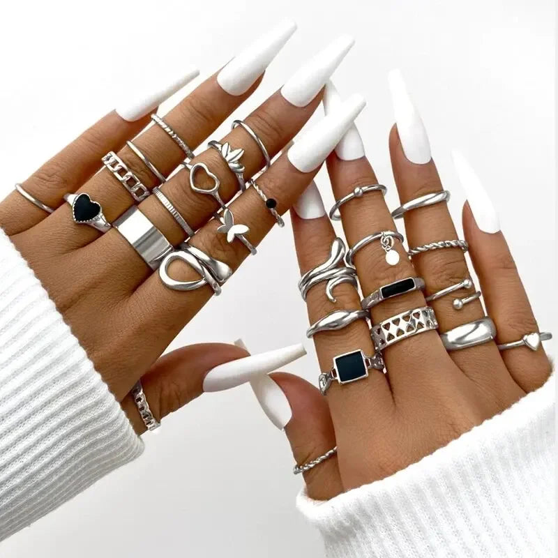 Boho Gold Color Rings Set For Women Fashion Cubic Zircon Heart Star Moon Flower