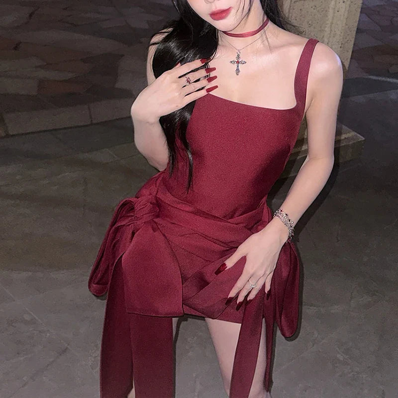 BKLD Fashion Red Bowknot Mini Dress Straps Square Collar Sleeveless Backless Vintage Cute Ladies Slim Party Short A-line Dresses