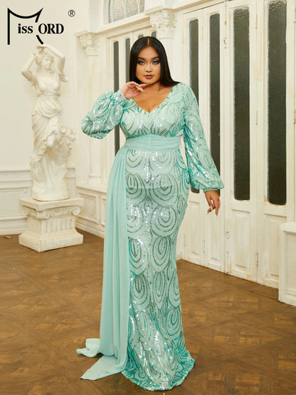 Missord Green Sequin Plus Size Wedding Party Dress Women Elegant V Neck Lantern Sleeve Belt Draped Bodycon Prom Evening Dresses