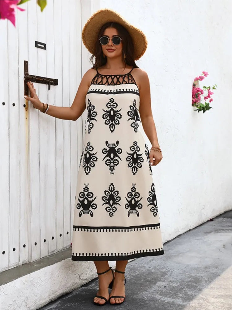 Plus Size Summer Sleeveless Slip Hollow Out Patchwork Dress Women Fashion Print Ladies Dresses Ruffle Loose Pleated Woman Dress