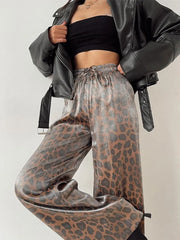 Vintage Leopard Print Wide Leg Pants Women Casual Loose Elastic Waist Female