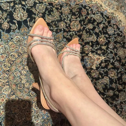 New Women Summer Rhinestone Slingback Pumps Office Lady Transparent Heeled Sandals Elegant Pointed Toe Female Sexy High Heels