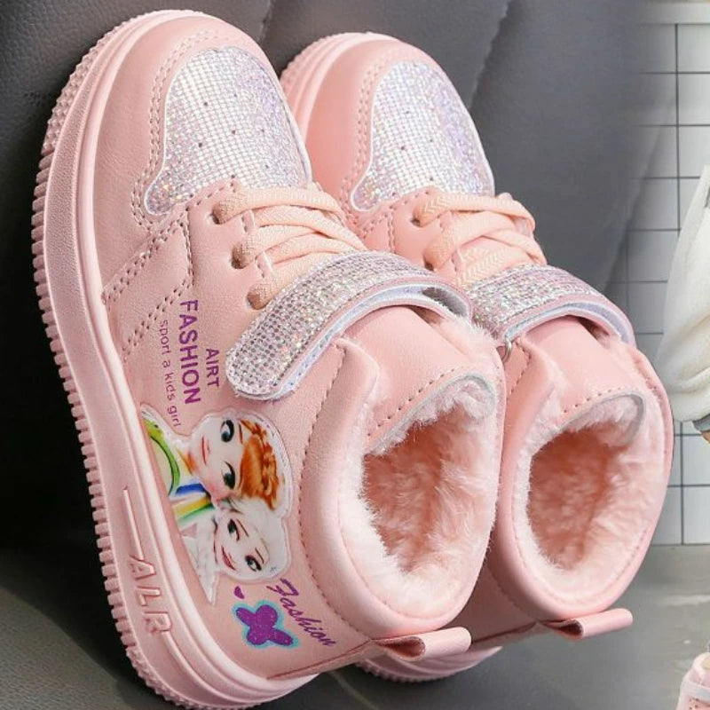 Disney Children Winter Ankle Snow Boots Cartoon Princess Elsa Frozen Pink Casual Shoes
