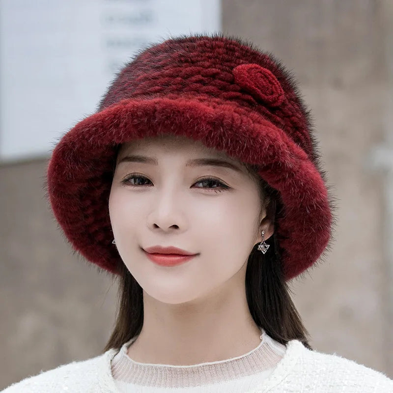 Woman Hat Winter Solid Mink Caps With Flower Natural Mink Fur Hats New Russian Girl Soft Knitting Real Fur Bucket Hats 2026 Warm