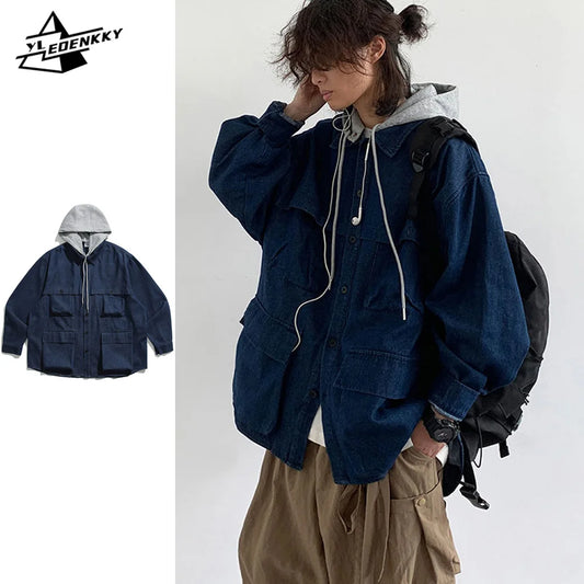 Hooded Denim Jacket Men Women Vintage Detachable Cap Cargo Coat