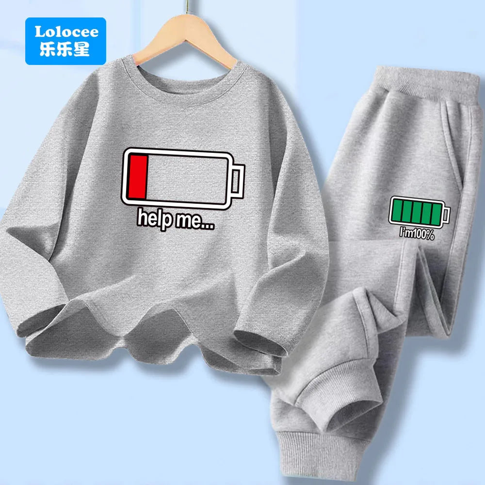 Autumn Kid Boy Long Sleeve 2pcs Clothes Set Children Funny Battery Letter Printed T-shirt Pullover Top And Pants Tracksuits DCW1