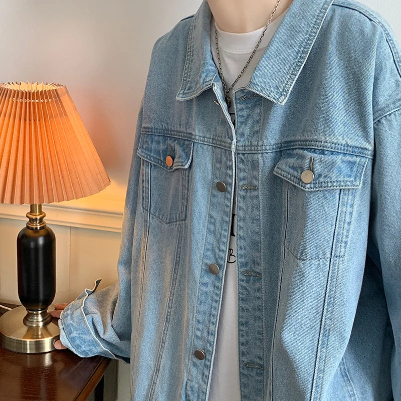 Plus Size 5XL-M Black Denim Jacket Mens Turn Down Collar Jeans Coats