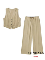 Khaki Office Lady Suit V-Neck Single Button Sleeveless Vest High Waist Long Straight Pants