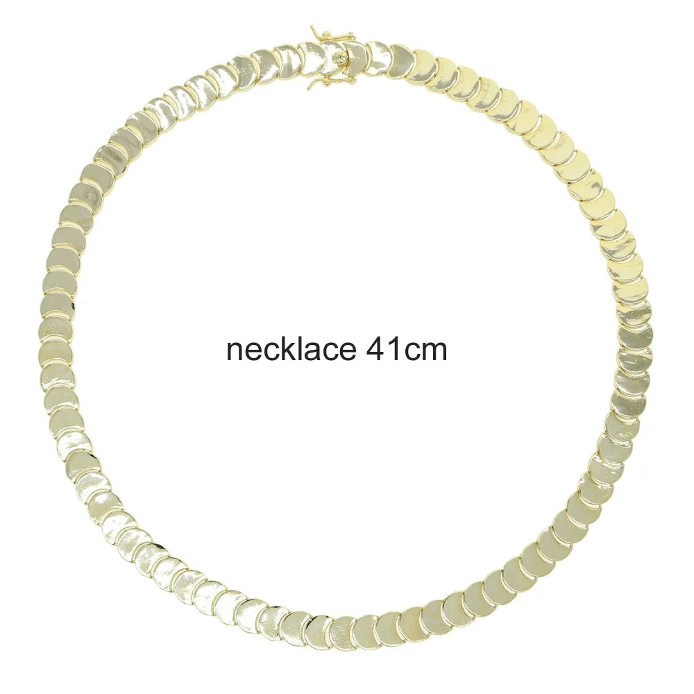 Gold Color Fashion Women Jewelry Set Geometric Shiny Plain Paved 5A CZ Moon Shaped Chain Choker Necklace Bracelet
